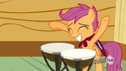 Size: 380x214 | Tagged: safe, derpibooru import, screencap, scootaloo, pegasus, pony, one bad apple, animated, drums, screen shake, solo, song of my people