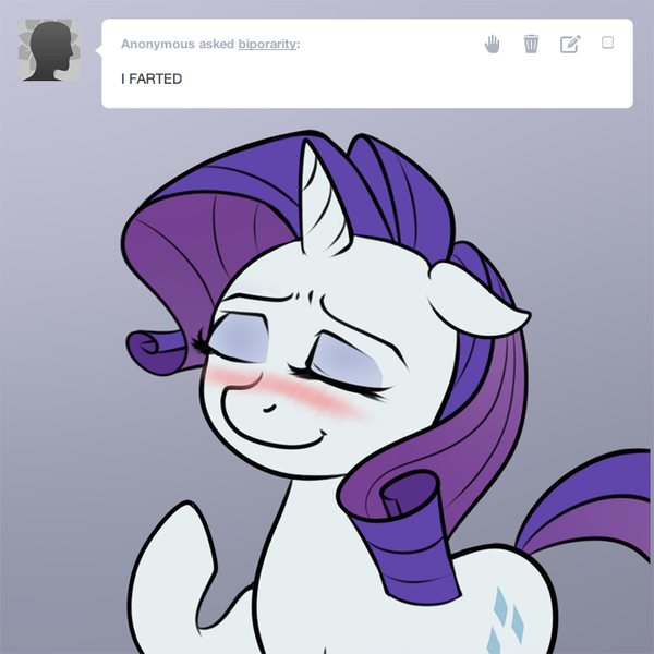 Size: 664x664 | Tagged: safe, artist:lemondevil, derpibooru import, rarity, pony, unicorn, biporarity, blushing, fart, solo, tumblr