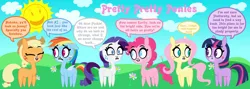 Size: 8400x3000 | Tagged: safe, artist:dewlshock, derpibooru import, applejack, fluttershy, pinkie pie, rainbow dash, rarity, twilight sparkle, flower, mane six, pretty pretty pegasus, speech bubble, style emulation, sun, teen titans go