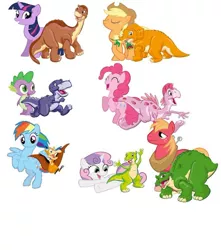 Size: 750x849 | Tagged: safe, derpibooru import, applejack, big macintosh, pinkie pie, rainbow dash, spike, sweetie belle, twilight sparkle, brontosaurus, dinosaur, earth pony, oviraptor, pegasus, pony, pterodactyl, pterosaur, sauropod, stegosaurus, triceratops, tyrannosaurus rex, unicorn, apatosaurus, cera, chomper, don bluth, ducky, female, hadrosaur, littlefoot, male, mare, petrie, pterodactylus, ruby, saurolophus, spike (land before time), stallion, the land before time