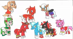 Size: 2080x1120 | Tagged: amy rose, artist:cmara, cosmo the seedrian, cream the rabbit, derpibooru import, knuckles the echidna, miles "tails" prower, ponified, rouge the bat, safe, shadow the hedgehog, sonic the hedgehog, sonic the hedgehog (series), sonic x, traditional art