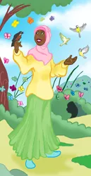 Size: 642x1242 | Tagged: artist:wpmorse, bird, butterfly, clothes, derpibooru import, female, fluttershy, hijab, human, humanized, islam, islamashy, long skirt, safe, skirt, solo