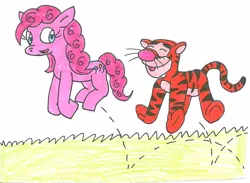 Size: 1072x784 | Tagged: artist:cmara, bouncing, crossover, derpibooru import, jumping, pinkie pie, safe, tigger, traditional art, winnie the pooh