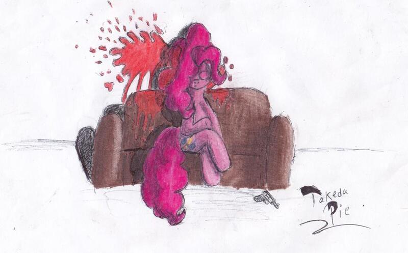 Size: 960x596 | Tagged: grimdark, artist:takedapie, derpibooru import, pinkie pie, earth pony, pony, blood, couch, dead, female, gun, mare, solo, suicide, weapon