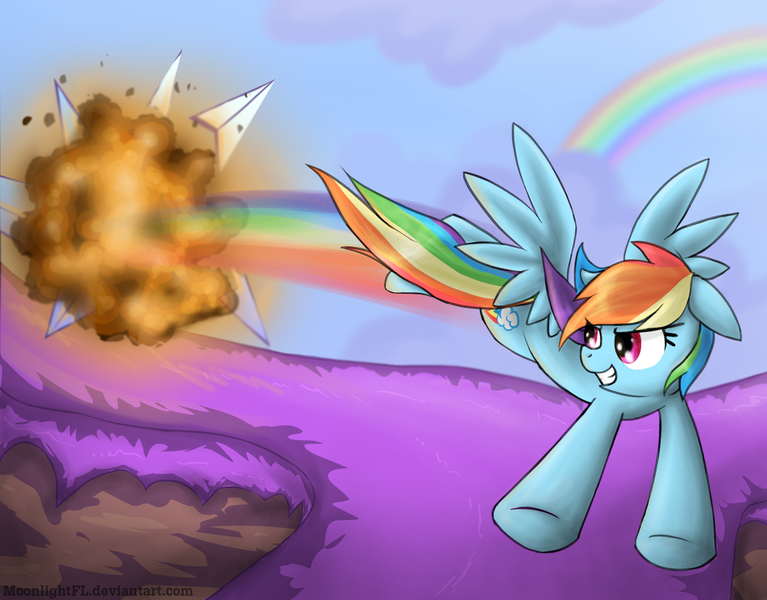 Size: 2300x1800 | Tagged: safe, artist:moonlightfl, derpibooru import, rainbow dash, explosion, rainbow dash attack, robot unicorn attack