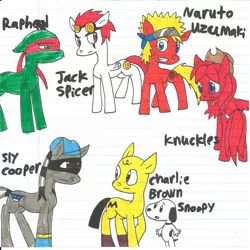 Size: 1536x1536 | Tagged: artist:cmara, charlie brown, crossover, derpibooru import, hilarious in hindsight, jack spicer, knuckles the echidna, naruto, peanuts, ponified, raphael, safe, sly cooper, snoopy, sonic the hedgehog (series), teenage mutant ninja turtles, traditional art, xiaolin showdown