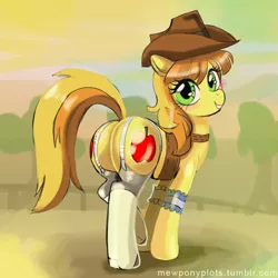 Size: 800x800 | Tagged: suggestive, artist:mew, derpibooru import, braeburn, earth pony, pony, 30 minute art challenge, bailey sweet, both cutie marks, clothes, female, garter belt, garters, mare, plot, rule 63, solo, solo female, stockings, stupid sexy braeburn