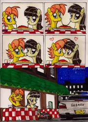 Size: 1542x2145 | Tagged: artist:newyorkx3, car, comic, derpibooru import, kissing, lady and the tramp, mandofire, oc, oc:mandopony, safe, shipping, sibsy, spaghetti, spaghetti scene, subaru, subaru impreza, traditional art, wild fire