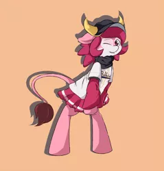 Size: 940x984 | Tagged: dead source, safe, artist:spaerk, derpibooru import, ponified, pony, baseball, bipedal, buffalo bell, clothes, cute, jersey, looking at you, mascot, one eye closed, skirt, smiling, solo, wink