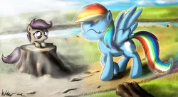 Size: 4762x2602 | Tagged: safe, artist:neko-me, derpibooru import, rainbow dash, scootaloo, pegasus, pony, admiration, duo, eyes closed, female, filly, first meeting, tree stump