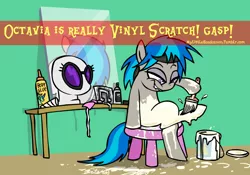 Size: 830x582 | Tagged: safe, derpibooru import, octavia melody, vinyl scratch, earth pony, pony, mylittleheadcanon, disguise, double life, headcanon, jossed, lip bite, mirror, paint, paint on fur, paintbrush, painting, reflection