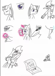 Size: 1584x2176 | Tagged: safe, artist:cmara, derpibooru import, twilight sparkle, twilight sparkle (alicorn), alicorn, pony, comic, crossover, crossover shipping, female, love, mare, mordecai, mordetwi, regular show, shipping, traditional art