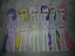 Size: 3264x2448 | Tagged: safe, artist:nikkichic109, derpibooru import, applejack, fluttershy, pinkie pie, rainbow dash, rarity, twilight sparkle, pony, bipedal, bullying, crying, homophobia, misleading thumbnail, sad, traditional art