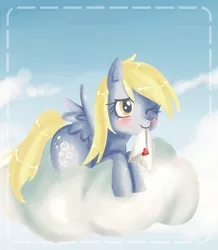 Size: 756x865 | Tagged: safe, artist:haruliina, derpibooru import, derpy hooves, pegasus, pony, blushing, cloud, cloudy, female, letter, mail, mare, mouth hold, solo