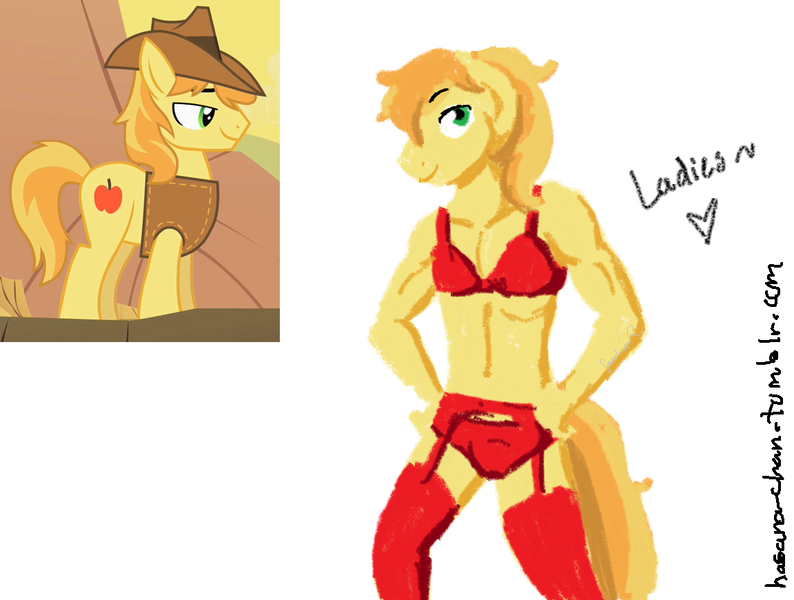 Size: 1152x870 | Tagged: questionable, artist:hasana-chan, derpibooru import, braeburn, anthro, earth pony, pony, 30 minute art challenge, anthro with ponies, bra, clothes, crossdressing, crotch bulge, male, panties, screencap reference, simple background, solo, solo male, stallion, stockings, underwear