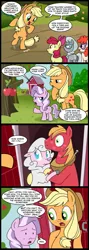 Size: 713x2000 | Tagged: suggestive, artist:madmax, derpibooru import, apple bloom, applejack, big macintosh, diamond tiara, silver spoon, twist, earth pony, pony, sheep, apple, appleballs, blushing, caught, comic, funny, glasses, innuendo, interspecies, kiss mark, lipstick, male, stallion, traumatized