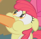 Size: 132x127 | Tagged: apple bloom, applejack, call of the cutie, cropped, derpibooru import, hoof in mouth, hoofjack, nose wrinkle, out of context, picture for breezies, puffy cheeks, safe, screencap