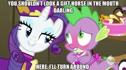 Size: 631x351 | Tagged: suggestive, derpibooru import, edit, edited screencap, screencap, rarity, spike, dragon, pony, unicorn, dragon quest, apron, blushing, caption, clothes, female, hub logo, image macro, male, mare, meme, rarity's bad pickup lines, shipping, sparity, straight