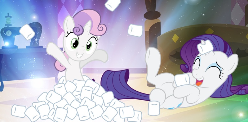 Size: 1916x942 | Tagged: safe, artist:pixeltripper, derpibooru import, rarity, sweetie belle, pony, unicorn, cute, diasweetes, female, filly, happy, horn impalement, mare, marshmallow, rarity is a marshmallow, rarity using marshmallows, sweetie belle is a marshmallow too, sweetie belle using marshmallows, vector