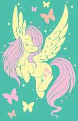 Size: 3300x5100 | Tagged: safe, artist:twiddledittle, derpibooru import, fluttershy, butterfly, pegasus, pony, eyes closed, hair over one eye, simple background, solo, spread wings, teal background, wings