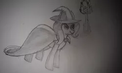 Size: 1024x613 | Tagged: safe, artist:witchsorbet, derpibooru import, trixie, pony, unicorn, female, grayscale, mare, monochrome, smiling, solo, torch, traditional art