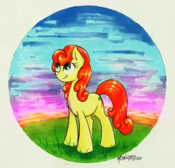 Size: 2227x2145 | Tagged: artist:moonlightfl, carrot top, derpibooru import, golden harvest, safe, solo, sunset, traditional art