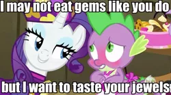 Size: 631x351 | Tagged: suggestive, derpibooru import, edit, edited screencap, screencap, rarity, spike, dragon, pony, unicorn, dragon quest, apron, blushing, caption, clothes, female, hub logo, image macro, innuendo, male, mare, meme, rarity's bad pickup lines, shipping, sparity, straight