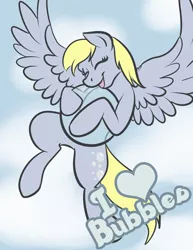 Size: 1024x1325 | Tagged: dead source, safe, artist:irishthorns, derpibooru import, derpy hooves, pegasus, pony, bubble, female, happy, heart, mare, solo