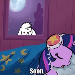 Size: 600x600 | Tagged: safe, artist:madmax, derpibooru import, edit, twilight sparkle, pony, unicorn, bed, female, headphones, mare, meme, moon, night, sleeping, soon, window