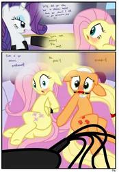 Size: 1741x2500 | Tagged: suggestive, artist:pyruvate, derpibooru import, applejack, fluttershy, rarity, earth pony, pegasus, pony, unicorn, comic:the usual, comic:the usual part 3, applesub, ballgag, bondage, cat o' ninetails, comic, dialogue, female, femdom, femsub, fluttersub, gag, image, jpeg, lesbian, mistress, raridom, spa pony applejack, submissive, whip