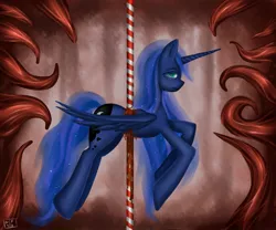 Size: 1500x1250 | Tagged: abuse, artist:nefyfeiri, blood, carousel, crying, derpibooru import, gore, grimdark, impalement, lunabuse, pain, princess luna, solo