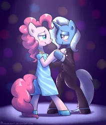 Size: 953x1125 | Tagged: safe, artist:frankier77, derpibooru import, pinkie pie, trixie, pony, bipedal, blushing, clothes, dancing, dress, female, lesbian, shipping, shoes, suit, trixiepie