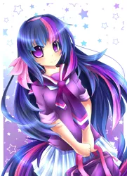 Size: 1300x1792 | Tagged: safe, artist:fenrixion, derpibooru import, twilight sparkle, human, bag, clothes, female, humanized, pixiv, smiling, solo, tailed humanization