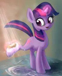 Size: 933x1141 | Tagged: safe, artist:kas92, artist:sokolas, derpibooru import, twilight sparkle, unicorn, bath, looking back, magic, open mouth, raised leg, shower, smiling, soap, solo, sponge, standing, telekinesis, unicorn twilight, water, wet