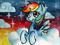 Size: 2313x1740 | Tagged: safe, artist:nabirar, derpibooru import, rainbow dash, cloud, cloudy, traditional art