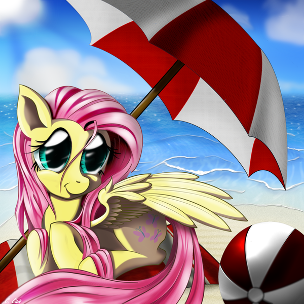 Size: 1024x1024 | Tagged: safe, artist:c-cain, derpibooru import, fluttershy, pegasus, pony, beach, beach ball, beach umbrella, solo, spread wings, water, wings