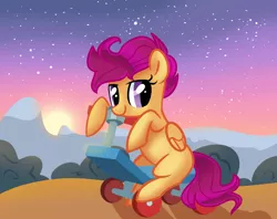 Size: 4800x3800 | Tagged: safe, artist:aaplepieeru, derpibooru import, scootaloo, pegasus, pony, evening, female, filly, mountain, outdoors, scooter, sky, solo, stars, sunset