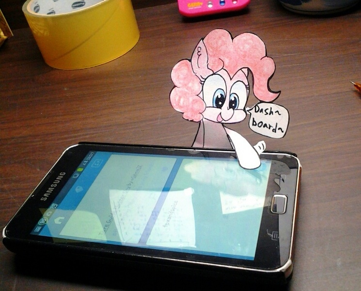 Size: 875x705 | Tagged: safe, artist:danadyu, derpibooru import, pinkie pie, jumped-out-pinkieanswers, mobile phone, paper child, phone, photo, speech bubble