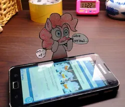 Size: 768x658 | Tagged: artist:danadyu, derpibooru import, jumped-out-pinkieanswers, mobile phone, paper child, phone, photo, pinkie pie, safe, speech bubble