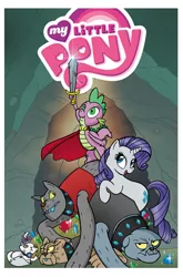 Size: 2063x3131 | Tagged: artist:billforster, cape, clothes, comic cover, cover, derpibooru import, diamond dog, gem, hero, idw, jewelry, logo, my little pony logo, opalescence, pile, rarity, rover, safe, sword, weapon