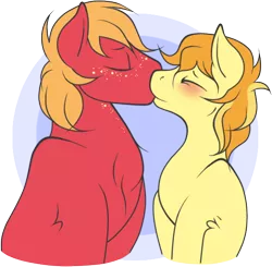 Size: 552x540 | Tagged: safe, artist:legalese, derpibooru import, big macintosh, braeburn, earth pony, pony, blushing, braemac, cousins, gay, incest, kissing, male, shipping, stallion