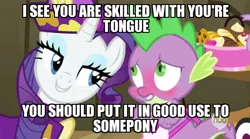 Size: 550x305 | Tagged: suggestive, derpibooru import, edit, edited screencap, screencap, rarity, spike, dragon, pony, unicorn, dragon quest, apron, blushing, caption, clothes, female, grammar error, hub logo, image macro, innuendo, male, mare, meme, rarity's bad pickup lines, shipping, sparity, straight