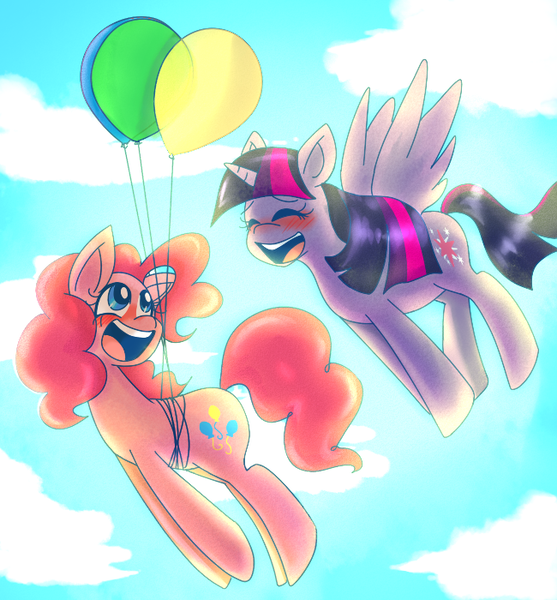 Size: 650x700 | Tagged: artist needed, source needed, safe, derpibooru import, pinkie pie, twilight sparkle, twilight sparkle (alicorn), alicorn, pony, balloon, female, mare, then watch her balloons lift her up to the sky