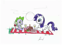 Size: 1048x762 | Tagged: safe, artist:ronmart12, derpibooru import, rarity, spike, alcohol, blushing, date, female, flower, food, grapes, male, picnic, picnic basket, picnic blanket, rose, shipping, sparity, straight, traditional art, wine