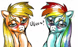 Size: 1280x779 | Tagged: applejack, artist:ponetron, bedroom eyes, blushing, cute, derpibooru import, moe, parody, parody of a parody, rainbow dash, safe, uguu