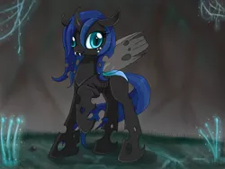 Size: 680x512 | Tagged: artist:evomanaphy, blue changeling, changeling, changeling oc, changeling queen, changeling queen oc, curved horn, derp, derpibooru import, oc, raised hoof, safe, solo, unofficial characters only