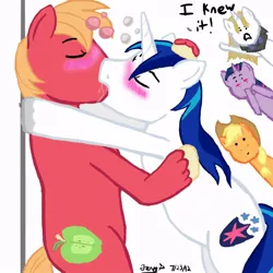 Size: 792x792 | Tagged: suggestive, artist:whatever4537, derpibooru import, applejack, big macintosh, prince blueblood, shining armor, twilight sparkle, earth pony, pony, blushing, drool, drunk, gay, gay in front of girls, kissing, male, shiningmac, shipping, sloppy kissing, stallion