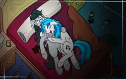 Size: 800x500 | Tagged: suggestive, artist:couchcrusader, deleted from derpibooru, derpibooru import, octavia melody, vinyl scratch, after party, alcohol, bed, drool, female, lesbian, messy, scratchtavia, sleeping