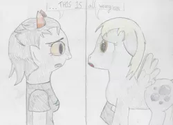 Size: 1024x743 | Tagged: safe, artist:fizzycolalizzie, derpibooru import, derpy hooves, pegasus, pony, crossover, female, homestuck, mare, terezi pyrope, traditional art