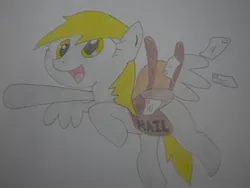 Size: 1032x774 | Tagged: safe, artist:uniqueskd, derpibooru import, derpy hooves, pegasus, pony, bag, female, flying, happy, letter, mail, mailbag, mailmare, mailpony, mare, solo, traditional art
